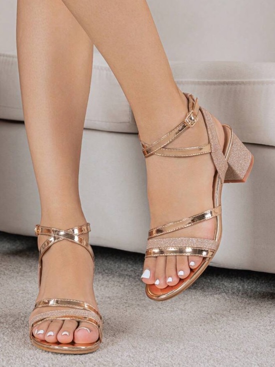 SHEIN Shoes - Metallic Rose Gold Strappy Low Block Heel Sandals